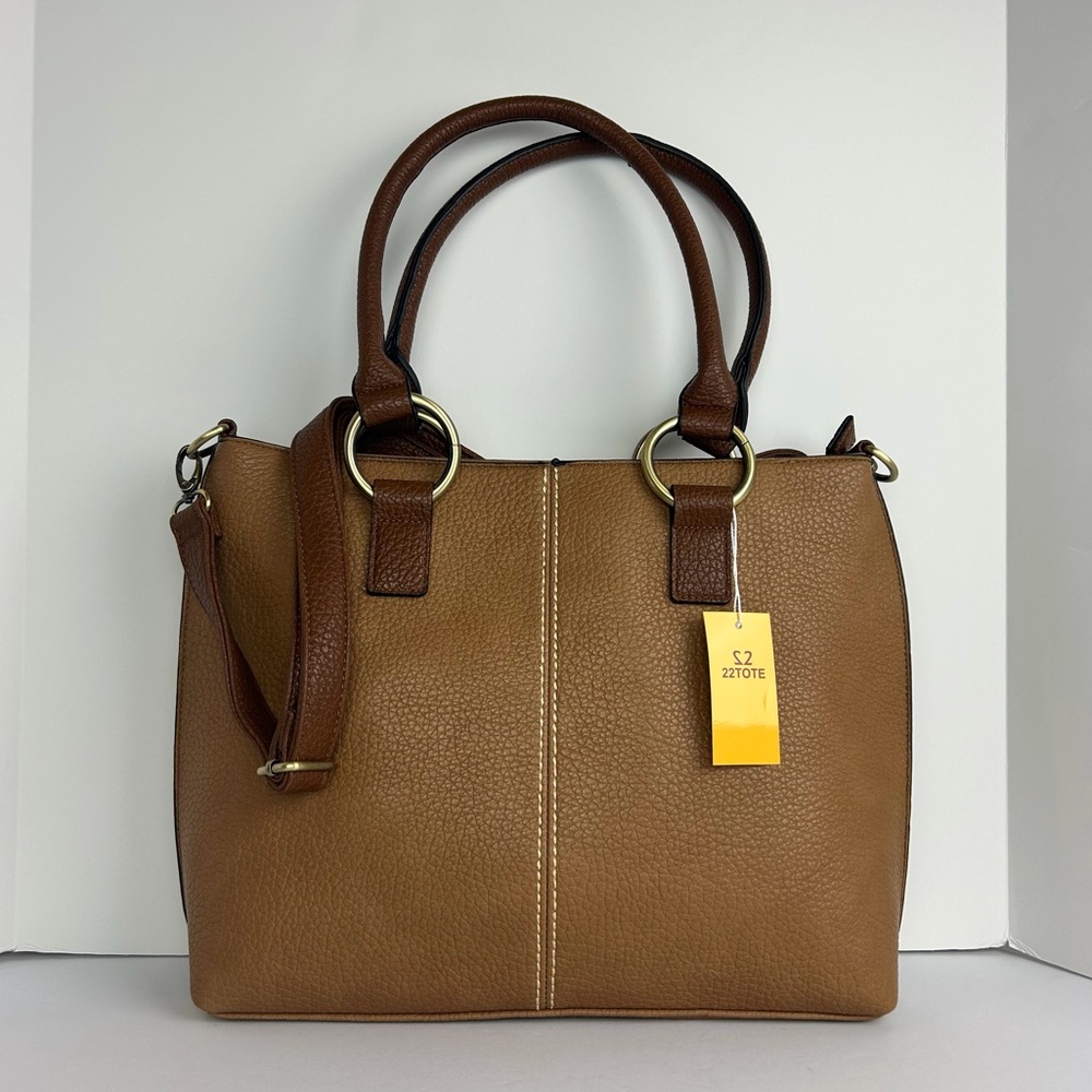 NWT 22 Tote Handbag Pebbled Tote Khaki Brown Trim Double Handle Adjustable Strap